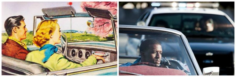 collage Vintage ad white couple driving and black man stopped in car by police