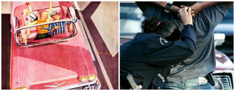 collage-vintage illustration happy family in car and police arresting Black man outside his car