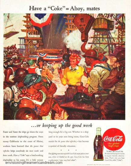 vintage WWII Coke ad illustration shipbuilders enjoying coke