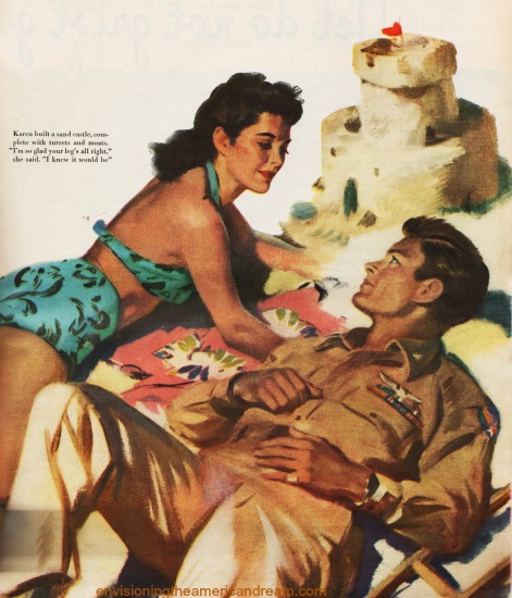 WWII vintage Illustration man and woman on beach