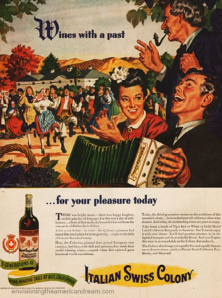Vintage ad 1944 Italian Swiss Colony Wine illustration Italian village