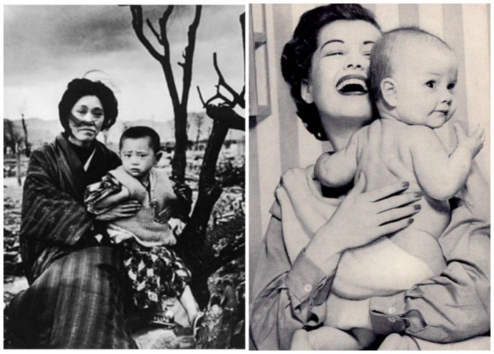 collage Hiroshima Mother and baby and American mother and baby
