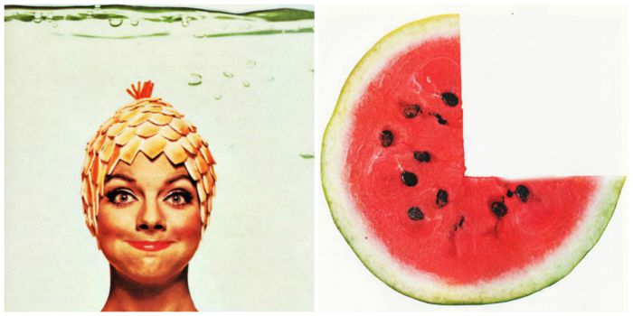 collage vintage picture woman in bathing cap and watermelon