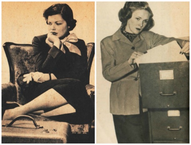 vintage photo illustrations file clerk and upset woman 1950s