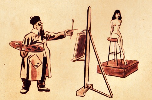 vintage cartoon Confucius painting nude model