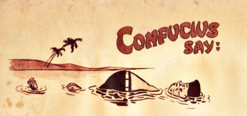 vintage cartoon confuscious in river floating 