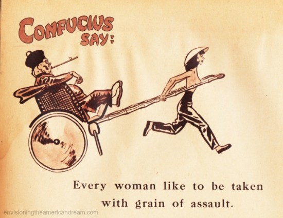 Vintage Cartoon Chinese Man in rickshaw being pulled by woman