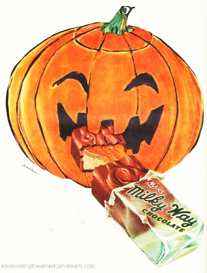 Halloween illustration pumpkin eating Milky Way bar