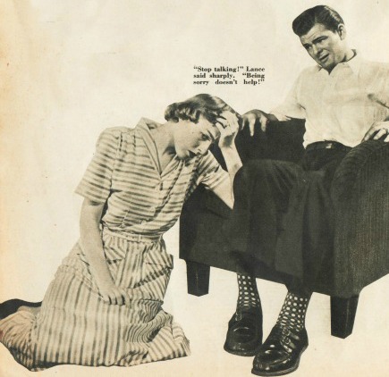 vintage photo illustration worried woman kneeling man in chair 