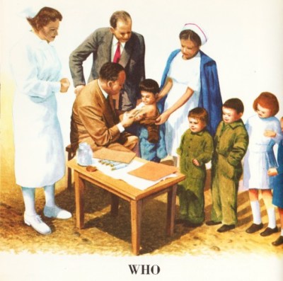 Vintage childrens schoolbook illustration 1962 UN doctors treating children