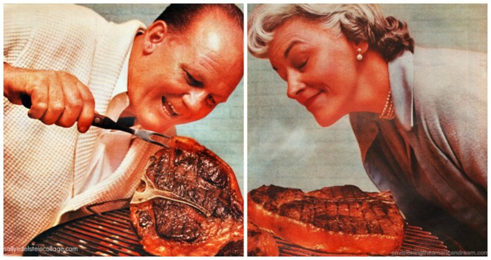 vintage photo man and woman at barbeque with steak 