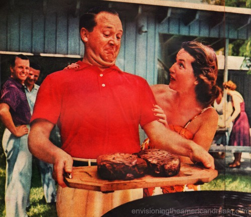 Vintage photo suburban man at barbecue holding steaks