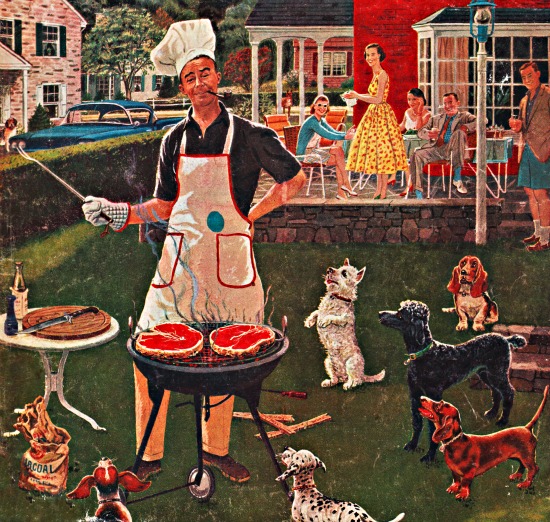 Vintage illustration suburban man at barbecue surrounded by dogs 