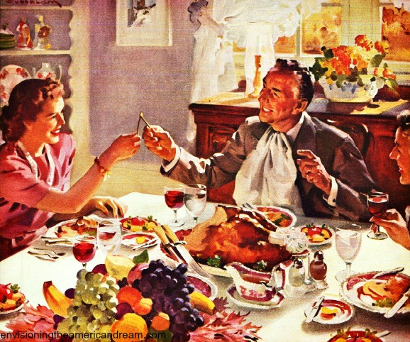Vintage illustration family at Thanksgiving