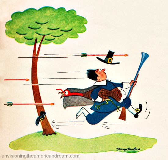 Vintage Illustration Pilgrim being chased by arrows 