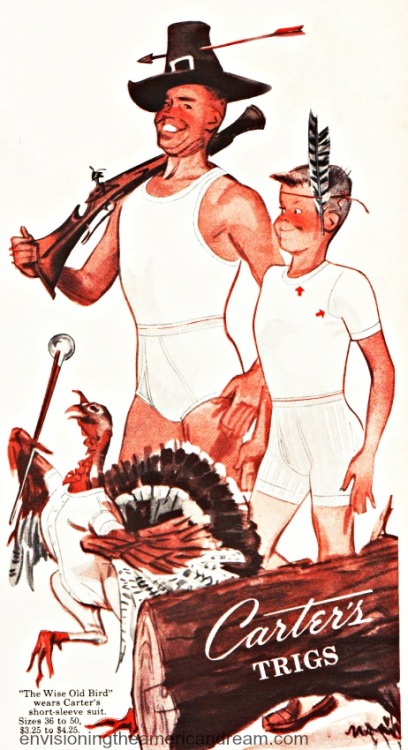 vintage illustration Pilgrim man and son in underwear