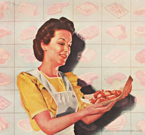 WWII Vintage Illustration housewife holding meat 