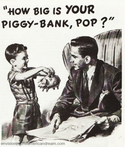 vintage illustration little boy holding piggy bank to father How big is Your Piggy Bank Dad?