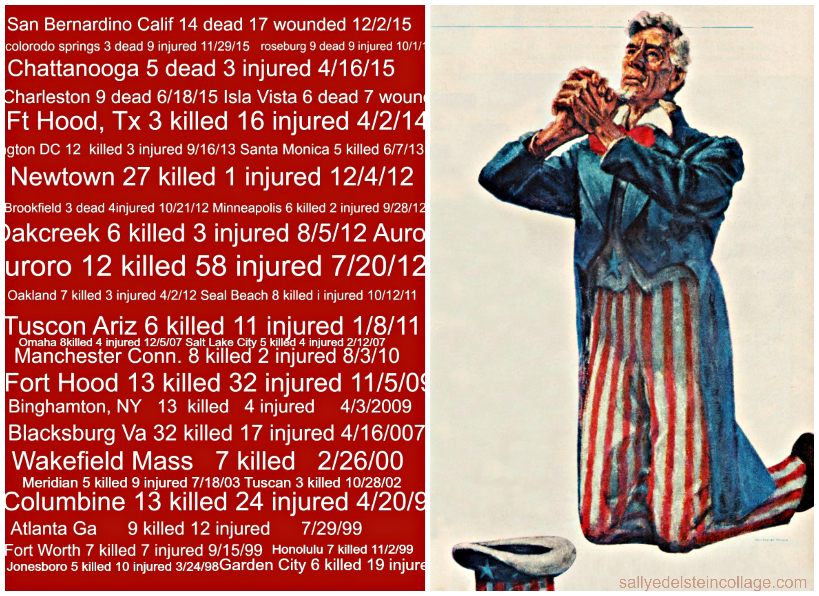 collage Gun Violence mass shooting in America list and Uncle Sam praying