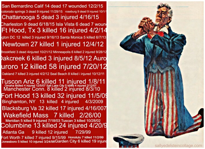 collage list of mass shtings in America and Uncle Sam praying