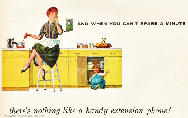 vintage illustration 1950s housewife in the kitchen on the phone