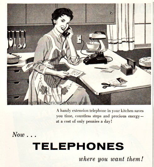 vintage illustration 1950s housewife talking on the phone in the kitchen 