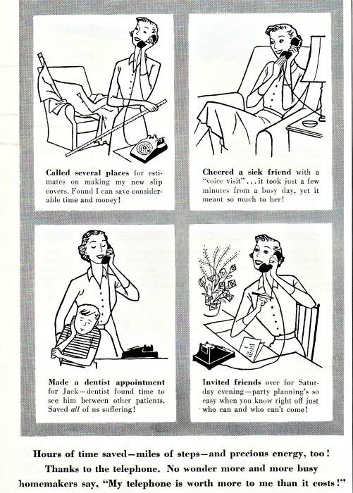 vintage illustration 1950s housewife and the telephone
