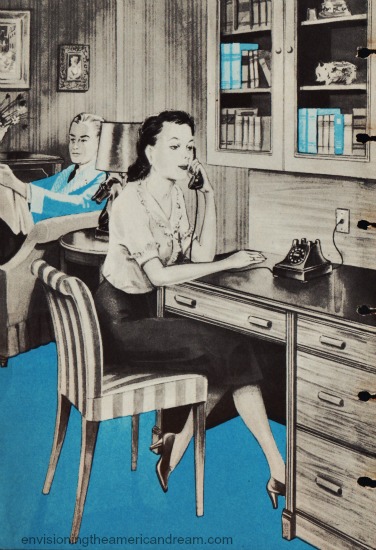 Vintage illustrationwoman sitting at desk talking on the phone 