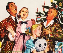 vintage illustration family singing around the Xmas