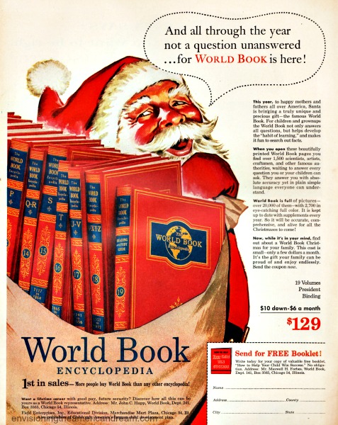 bintage ad illustration Santa carrying a bag of encyclopedias