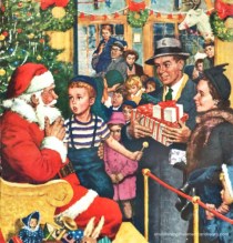 vintage illustration boy sitting on Santas lap