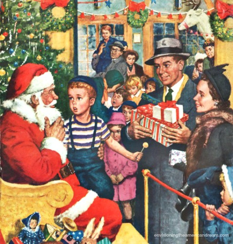 vintage illustration boy sitting on Santas lap