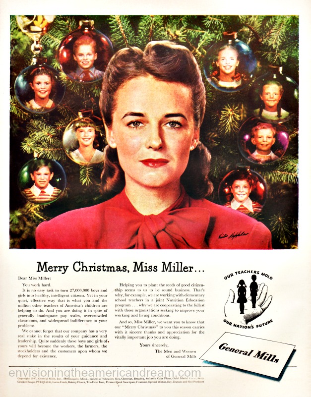 vintage ad illustration woman in front of a Xmas tree