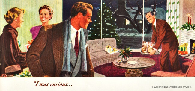 vintage illustration couple social gathering suburban home 