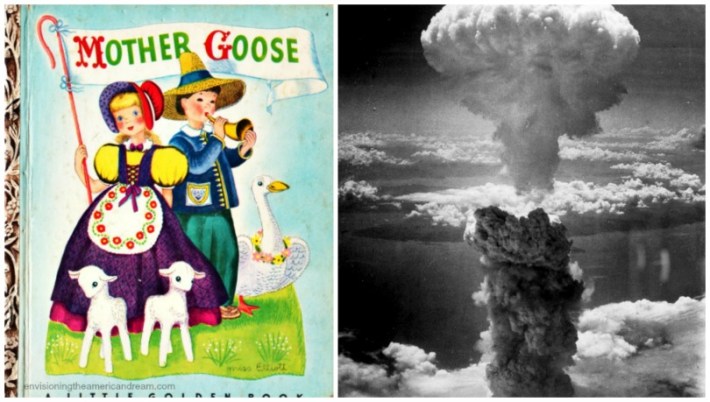 collage Photo of Nagasaki bomb blast and vintage childrens book Mother Goose