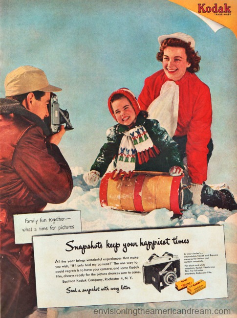 1950s family playing in the snow Vintage Kodak camera ad 