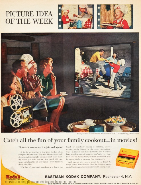 1960s family watching home movies of family cookout vintage Kodak ad