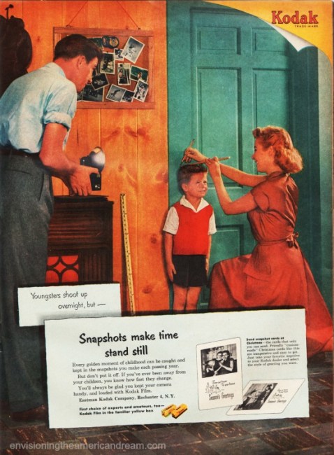 Vintage Kodak ad 1953 parents measuring growth of son