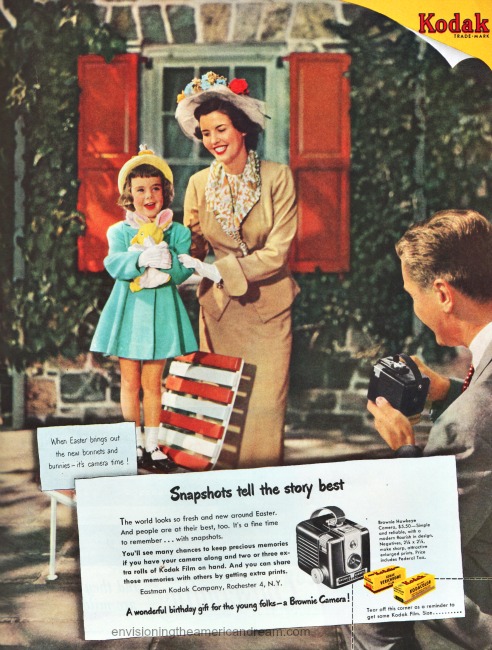 Easter Memories. Vintage Kodak camera ad 1950 Family posing for pictures