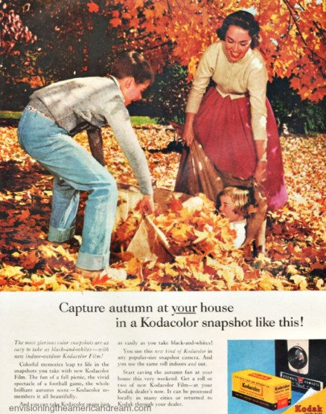 1950s family playng in leaves. Vintage Kodak camera ad