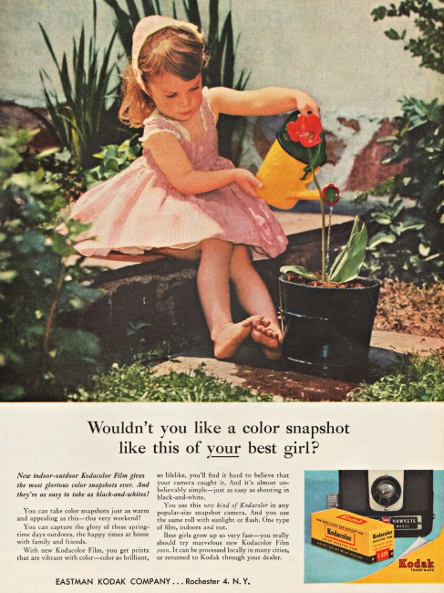Little girl watering plant Vintage Kodak ad 1950s