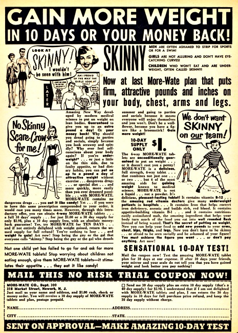 Vintage ad MORE-WATE gain weight tablets 
