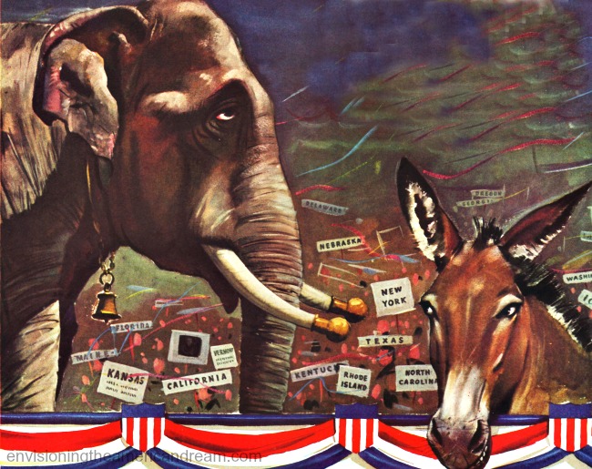 Vintage illustration GOP elephant and Democratic Donkey