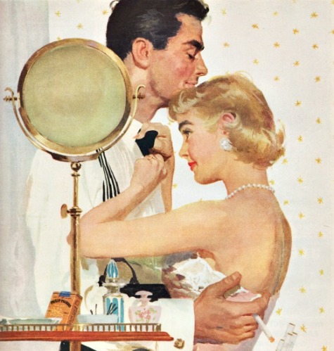 vintage illustration man and woman getting dressed
