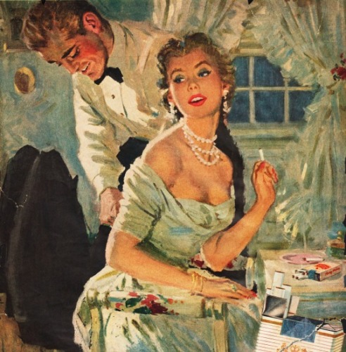 vintage illustration 1950s husband helping wife get dressed