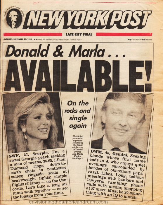 Vintage newspaper 1991 NY Post Donald Trump Marla On the Rocks 