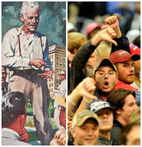 co vintage illustration of pubic speaker,and angry trump rally