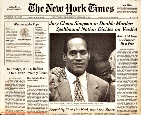 OJ Trial Not Guilty NY Times headline 1995