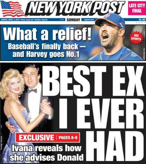 NY Post Headline Ivana Trump 2016