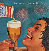 woman in bathing cap drinking Bud